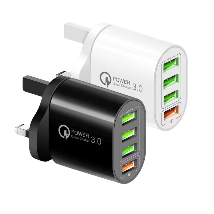 QC-04 QC3.0 + 3 x USB2.0 Multi-ports Charger with 3A USB to 8 Pin Data Cable, UK Plug(Black) - USB Charger by PMC TechLife | Online Shopping South Africa | PMC TechLife