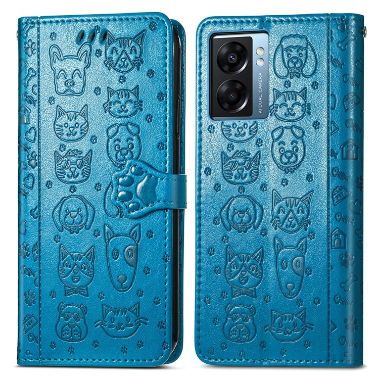 For OPPO A57 5G Cute Cat and Dog Embossed Horizontal Flip Leather Case(Blue) - OPPO Cases by PMC TechLife | Online Shopping South Africa | PMC TechLife | Buy Now Pay Later Mobicred
