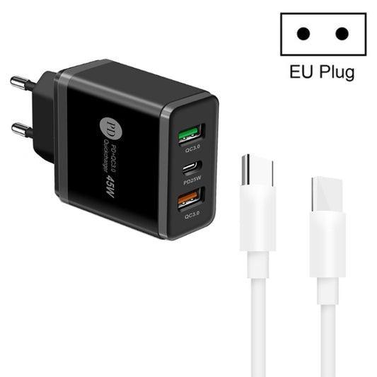 45W PD3.0 + 2 x QC3.0 USB Multi Port Charger with Type-C to Type-C Cable, EU Plug(Black) - USB Charger by PMC Jewellery | Online Shopping South Africa | PMC Jewellery