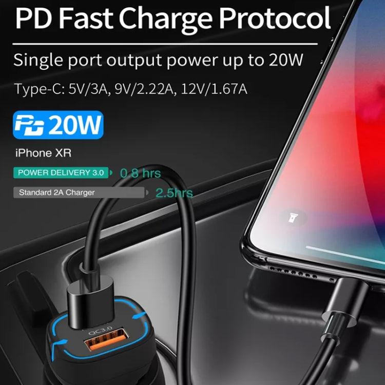 38W PD20W + QC3.0 USB Car Charger with USB to Type-C Data Cable, Length: 1m(Black) - Car Charger by PMC TechLife | Online Shopping South Africa | PMC TechLife