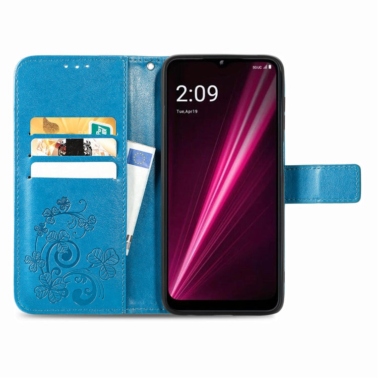 For T-Mobile REVVL 6 5G Four-leaf Clasp Embossed Buckle Leather Phone Case(Blue) - More Brand by PMC TechLife | Online Shopping South Africa | PMC TechLife