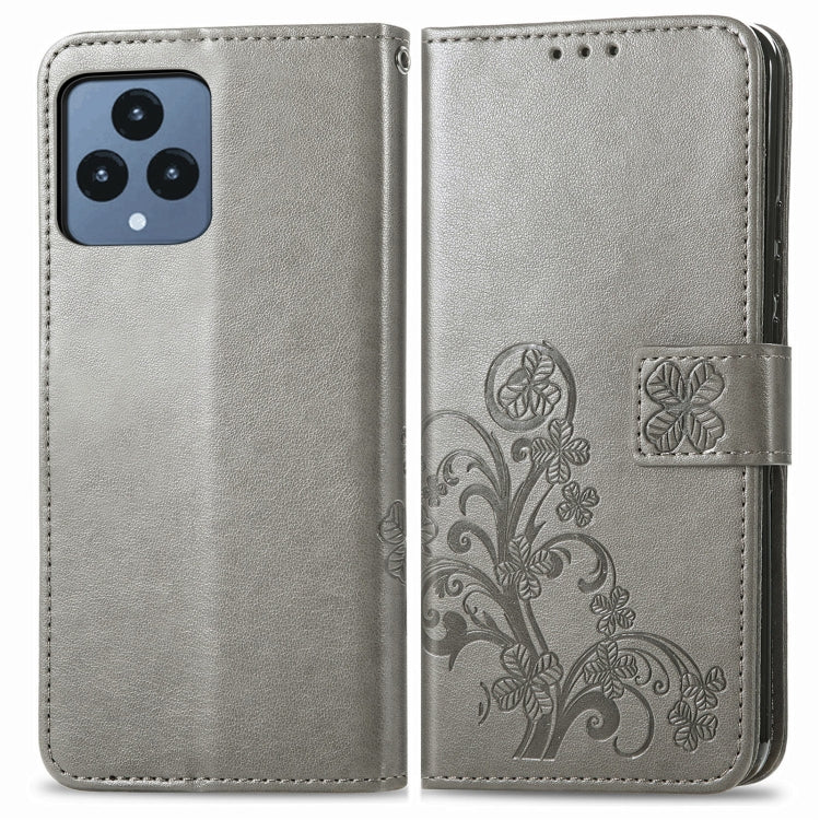 For T-Mobile REVVL 6 5G Four-leaf Clasp Embossed Buckle Leather Phone Case(Gray) - More Brand by PMC TechLife | Online Shopping South Africa | PMC TechLife