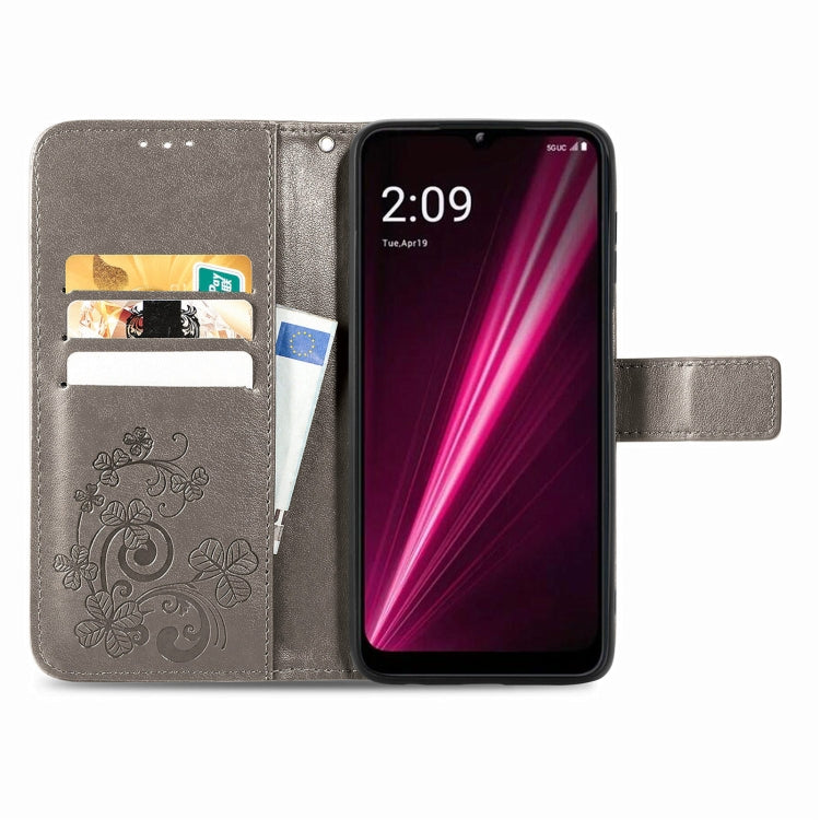 For T-Mobile REVVL 6 5G Four-leaf Clasp Embossed Buckle Leather Phone Case(Gray) - More Brand by PMC TechLife | Online Shopping South Africa | PMC TechLife