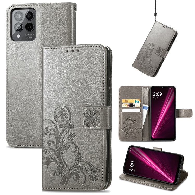 For T-Mobile Revvl 6 Pro 5G Four-leaf Clasp Embossed Buckle Leather Phone Case(Gray) - More Brand by PMC TechLife | Online Shopping South Africa | PMC TechLife