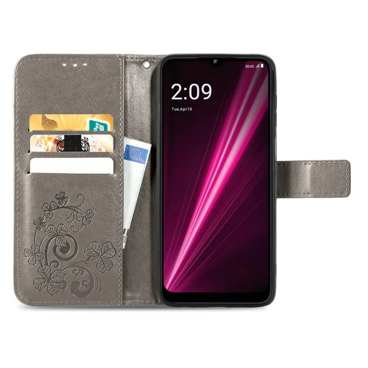 For T-Mobile Revvl 6 Pro 5G Four-leaf Clasp Embossed Buckle Leather Phone Case(Gray) - More Brand by PMC TechLife | Online Shopping South Africa | PMC TechLife