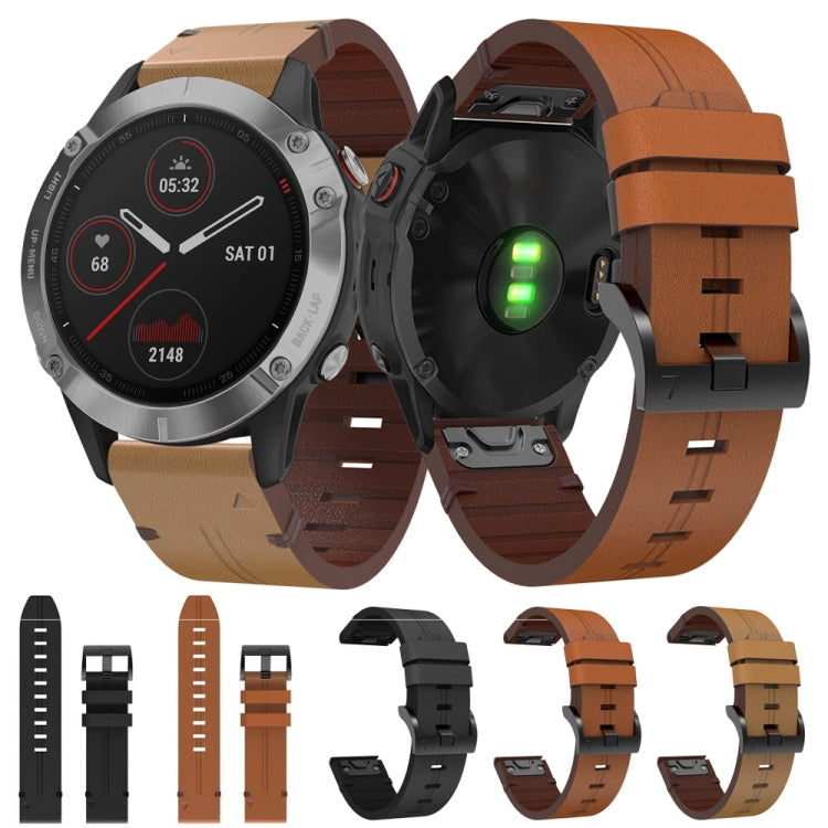 For Garmin Fenix 6 GPS 22mm Leather Steel Buckle Watch Band (Light Brown) - Smart Wear by PMC Jewellery | Online Shopping South Africa | PMC Jewellery