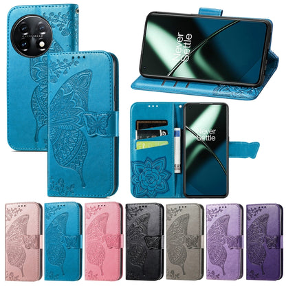 For OnePlus 11 Butterfly Love Flower Embossed Flip Leather Phone Case(Blue) - OnePlus Cases by PMC Jewellery | Online Shopping South Africa | PMC Jewellery