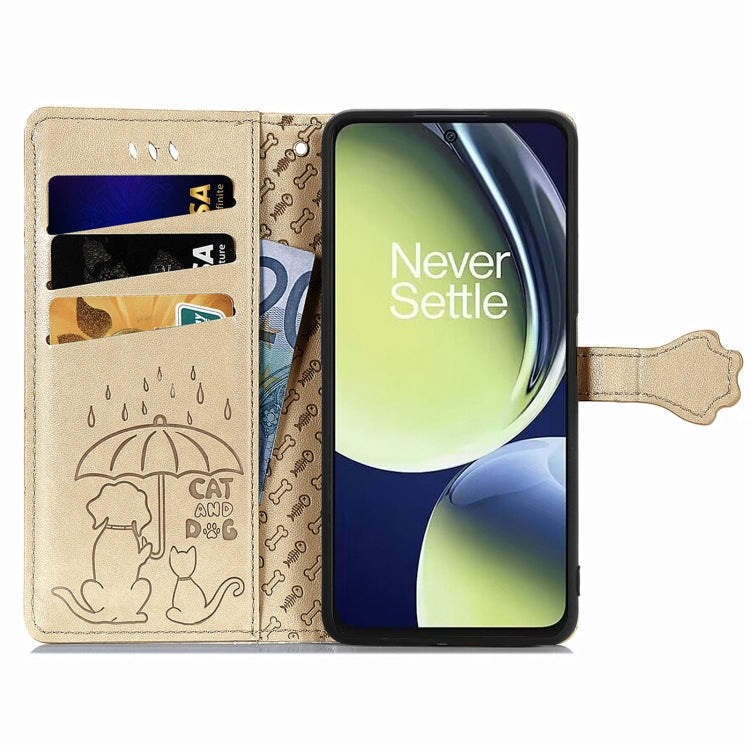 For OnePlus Nord CE 3 Lite Cat and Dog Embossed Leather Phone Case(Gold) - OnePlus Cases by PMC Jewellery | Online Shopping South Africa | PMC Jewellery