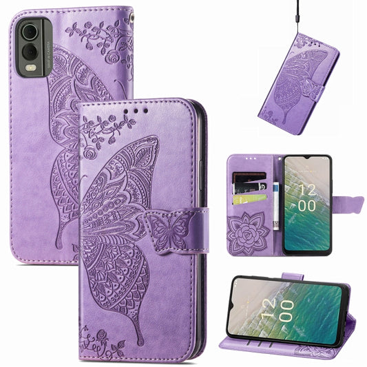 For Nokia C32 Butterfly Love Flower Embossed Leather Phone Case(Lavender) - Nokia Cases by PMC Jewellery | Online Shopping South Africa | PMC Jewellery