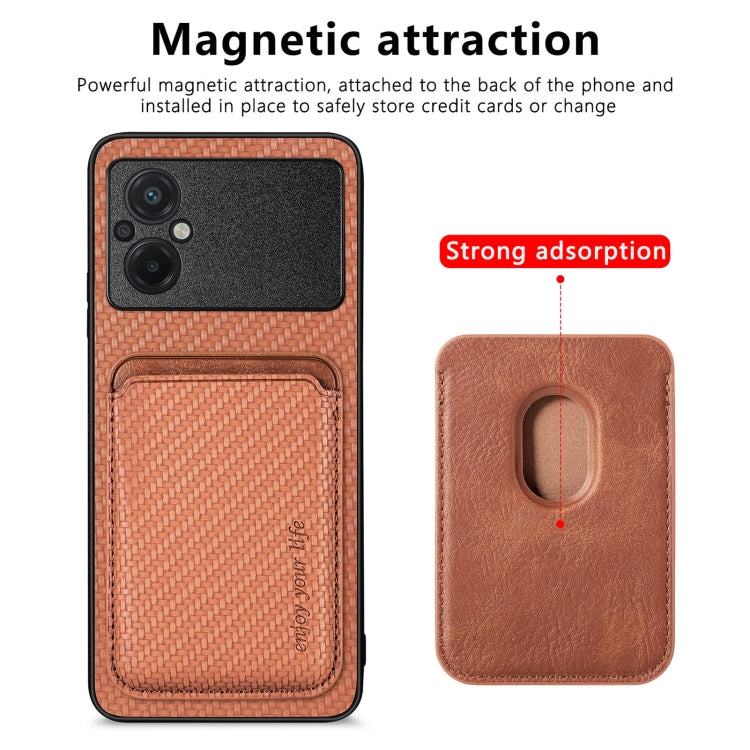 For Xiaomi Poco M5 4G Carbon Fiber Leather Card Magnetic Phone Case(Brown) - Xiaomi Cases by PMC TechLife | Online Shopping South Africa | PMC TechLife | Buy Now Pay Later Mobicred