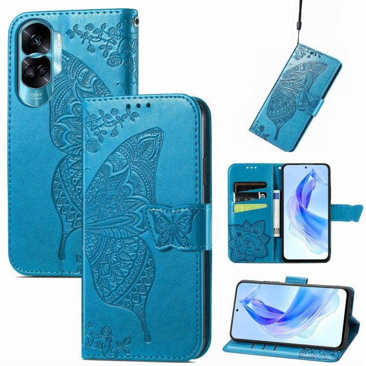 For Honor 90 Lite Butterfly Love Flower Embossed Leather Phone Case(Blue) - Huawei Cases by PMC TechLife | Online Shopping South Africa | PMC TechLife | Buy Now Pay Later Mobicred