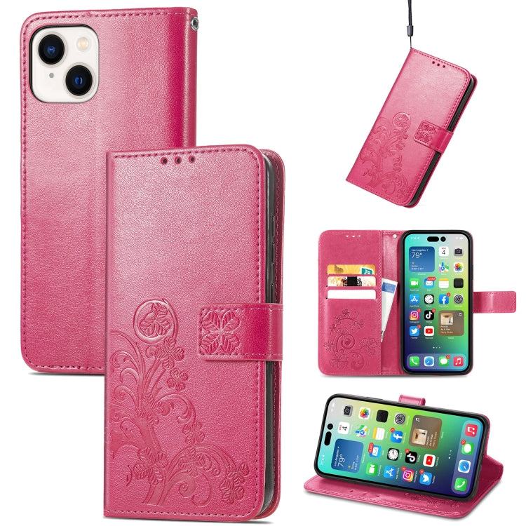 For iPhone 15 Plus Four-leaf Clasp Embossed Buckle Leather Phone Case(Magengta) - iPhone 15 Plus Cases by PMC TechLife | Online Shopping South Africa | PMC TechLife
