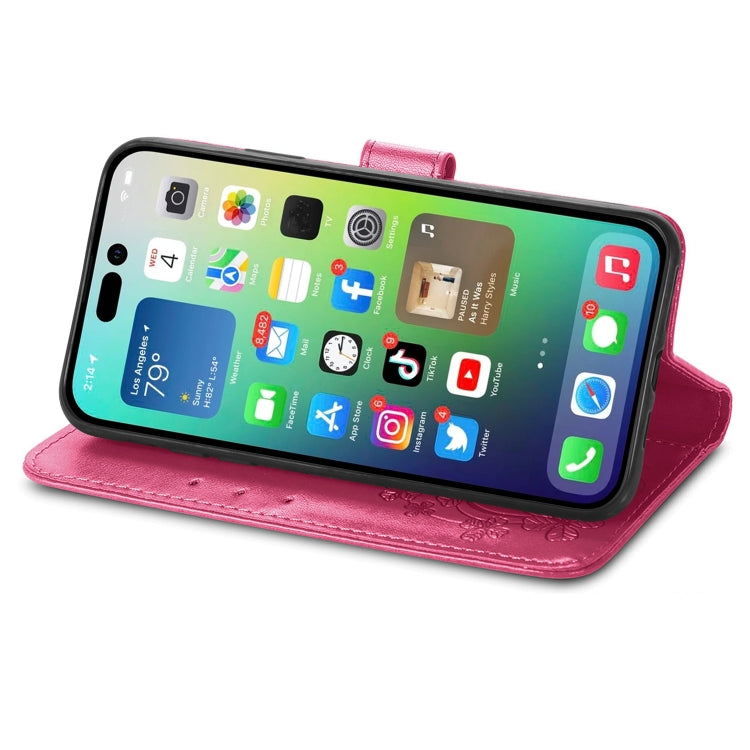 For iPhone 15 Plus Four-leaf Clasp Embossed Buckle Leather Phone Case(Magengta) - iPhone 15 Plus Cases by PMC TechLife | Online Shopping South Africa | PMC TechLife