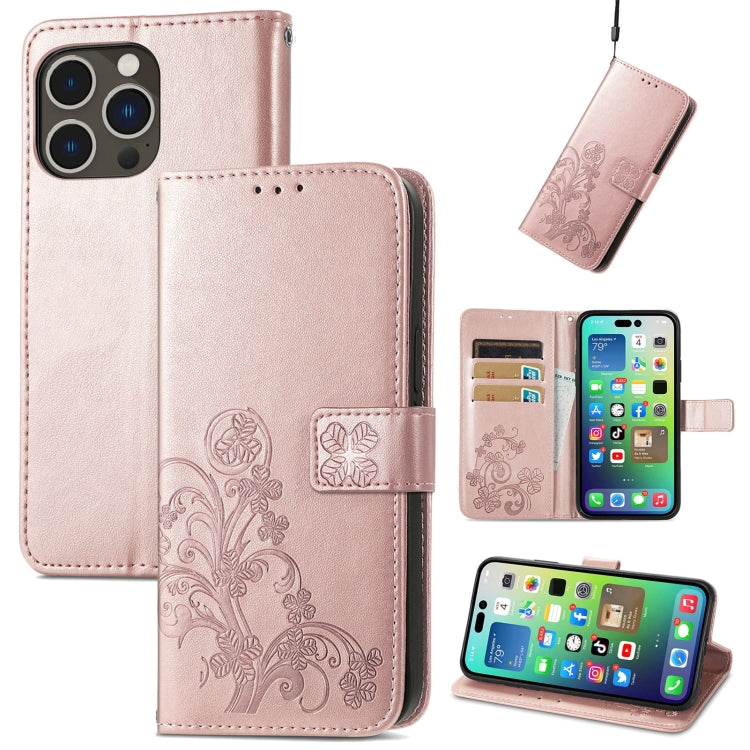 For iPhone 15 Pro Four-leaf Clasp Embossed Buckle Leather Phone Case(Rose Gold) - iPhone 15 Pro Cases by PMC Jewellery | Online Shopping South Africa | PMC Jewellery