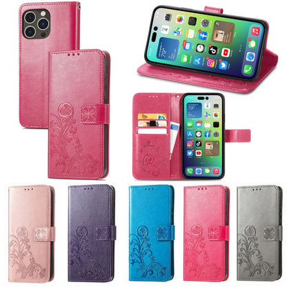 For iPhone 15 Pro Max Four-leaf Clasp Embossed Buckle Leather Phone Case(Magengta) - iPhone 15 Pro Max Cases by PMC Jewellery | Online Shopping South Africa | PMC Jewellery