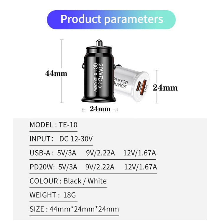 P10 Mini Style QC4.0 USB / PD20W Dual Port Car Charger(Black) - Car Charger by PMC TechLife | Online Shopping South Africa | PMC TechLife