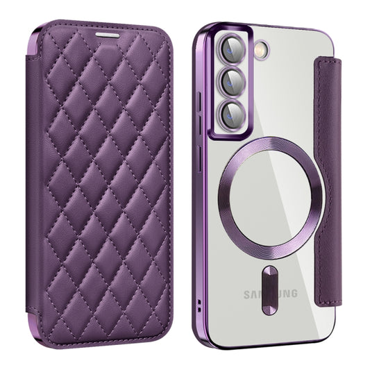 For Samsung Galaxy S22 5G Shield Magsafe RFID Anti-theft Rhombus Leather Phone Case(Purple) - Galaxy S22 5G Cases by PMC Jewellery | Online Shopping South Africa | PMC Jewellery