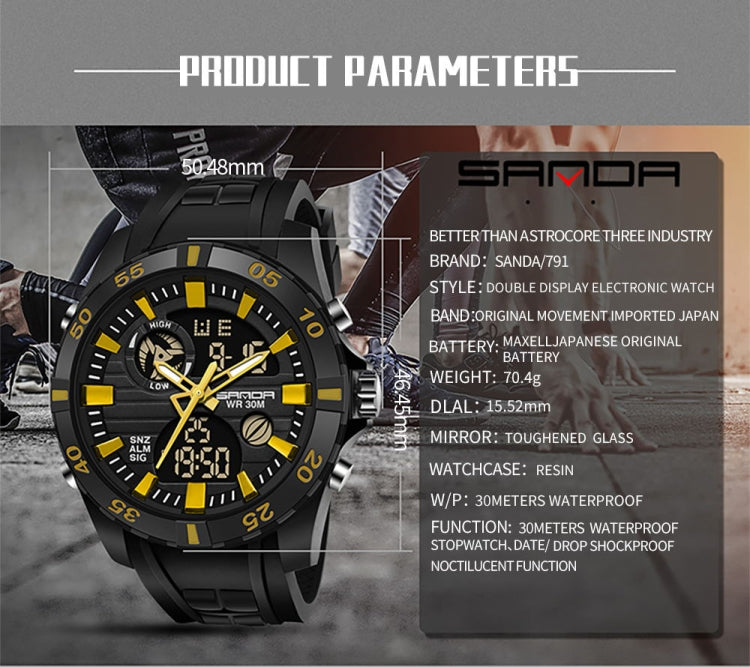 SANDA 791 Watch Genuine Fashion Sports Multifunction Electronic Watch Popular Men luminous Wrist Watch(Yellow) - Sport Watches by SANDA | Online Shopping South Africa | PMC Jewellery | Buy Now Pay Later Mobicred