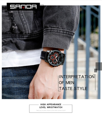 SANDA 5009 Business Fashion Three Eye Six Needle Casual Leather Waterproof Men Quartz Watch(Coffee) - Sport Watches by SANDA | Online Shopping South Africa | PMC Jewellery | Buy Now Pay Later Mobicred