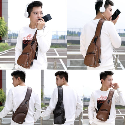 Waterproof Leisure PU Leather Single Shoulder Bag Men Chest Bag with USB Charging Port and Headphone Hole(Dark Brown) - Crossbody Bags by PMC Jewellery | Online Shopping South Africa | PMC Jewellery