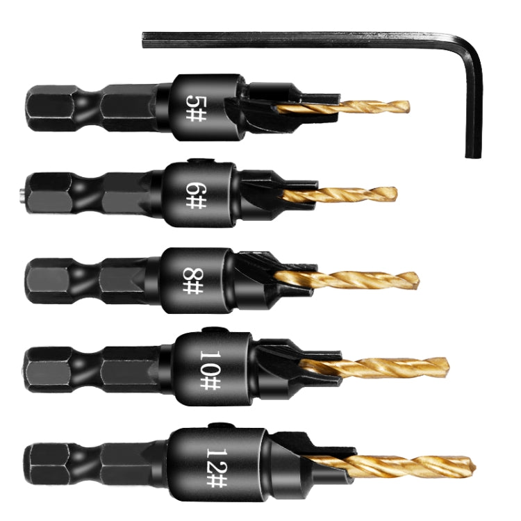 5 PCS/Set Countersink Woodworking Drill Bit Set Hexagon Screw Hardware Tool(Gold) - Drill & Drill Bits by PMC TechLife | Online Shopping South Africa | PMC TechLife