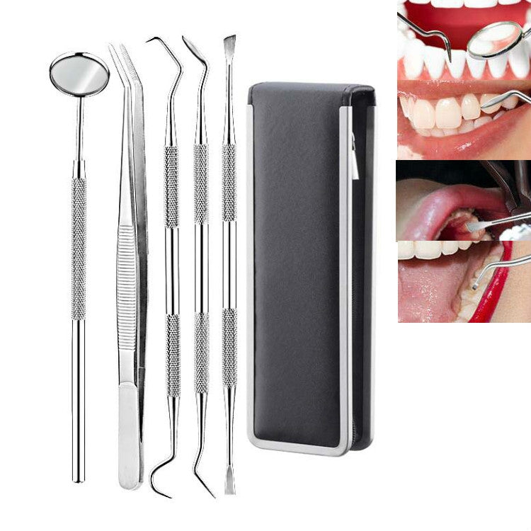 5 in 1 Steel Side Leather Case Stainless Steel Dental Tools Dental Care Tartar Tool Dentist Tool Set - Dental Tools by PMC Jewellery | Online Shopping South Africa | PMC Jewellery