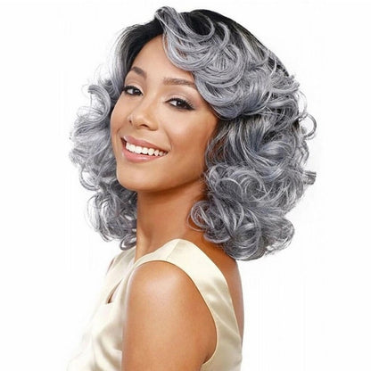 Lady Diagonal Bangs Wig Gradient Short Curly Hair Wig(Black Gradient Gray) - Wigs by PMC Jewellery | Online Shopping South Africa | PMC Jewellery