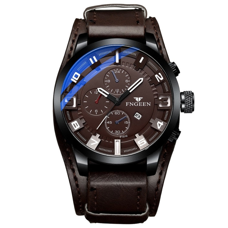 FNGEEN P1010 Men Fashion Large Dial Leather Belt Watch Student Casual Quartz Watch(Dark Brown Leather Coffee Surface) - Leather Strap Watches by FNGEEN | Online Shopping South Africa | PMC Jewellery | Buy Now Pay Later Mobicred