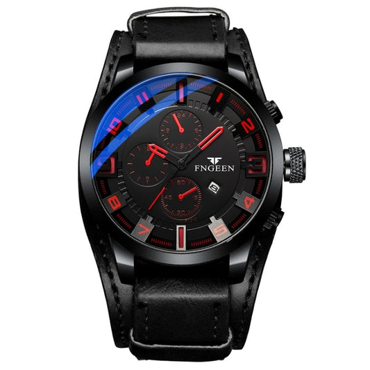 FNGEEN P1010 Men Fashion Large Dial Leather Belt Watch Student Casual Quartz Watch(Black Leather With Red Words) - Leather Strap Watches by FNGEEN | Online Shopping South Africa | PMC Jewellery | Buy Now Pay Later Mobicred