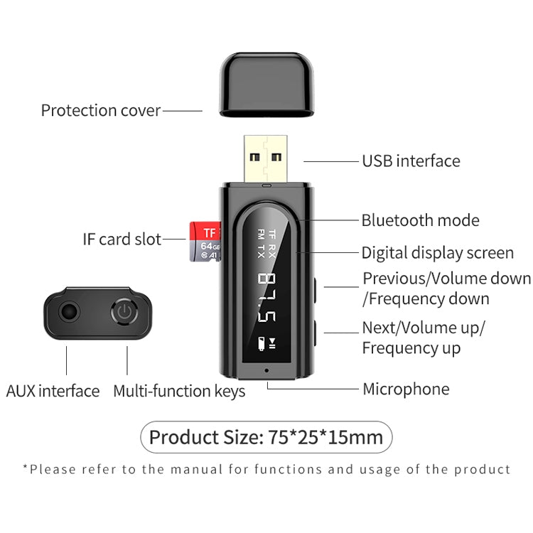 K9 USB Car Bluetooth 5.0 Adapter Receiver FM + AUX Audio Dual Output Stereo Transmitter (Black) - Audio Receiver Transmitter by PMC Jewellery | Online Shopping South Africa | PMC Jewellery