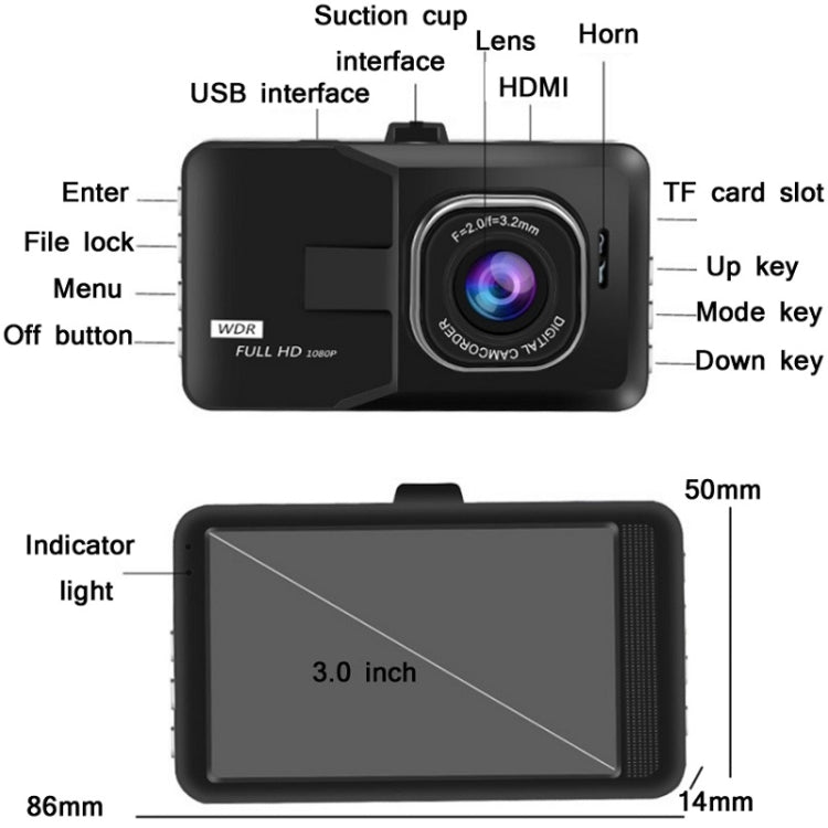 3.0 Inch HD 1080P Wide-Angle Driving Recorder With Reversing Image Specification： Normal Definition Single Record（Black） - Car DVRs by PMC Jewellery | Online Shopping South Africa | PMC Jewellery