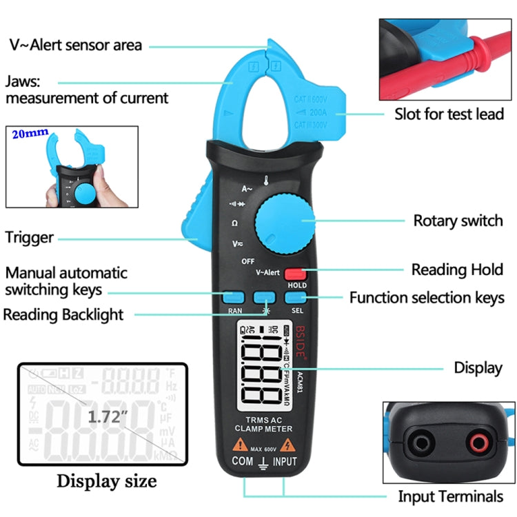 BSIDE ACM81 Digital Clamp Meter Auto-Rang 1mA Accuracy 200A Current DC AC Multimeter(Black) - Digital Multimeter by BSIDE | Online Shopping South Africa | PMC TechLife | Buy Now Pay Later Mobicred