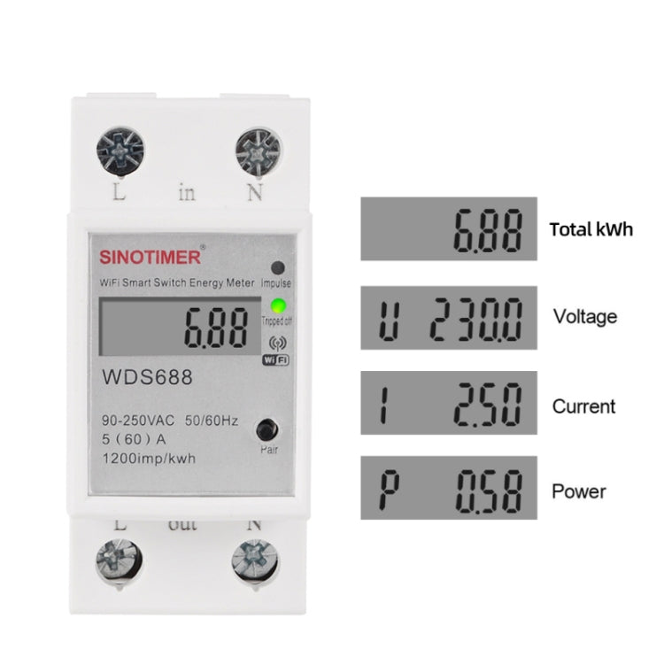 SINOTIMER WDS688 Smart WiFi Single-Phase Power Meter Mobile APP Home Rail Meter 5-60A 230V - free shipping - PMC TechLife - Order now!