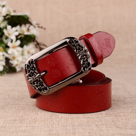 ZK--067 Retro Engraved Buckle Butterfly Print Pin Buckle Leather Belt, Length: 110cm(Red) - Belts by PMC Jewellery | Online Shopping South Africa | PMC Jewellery