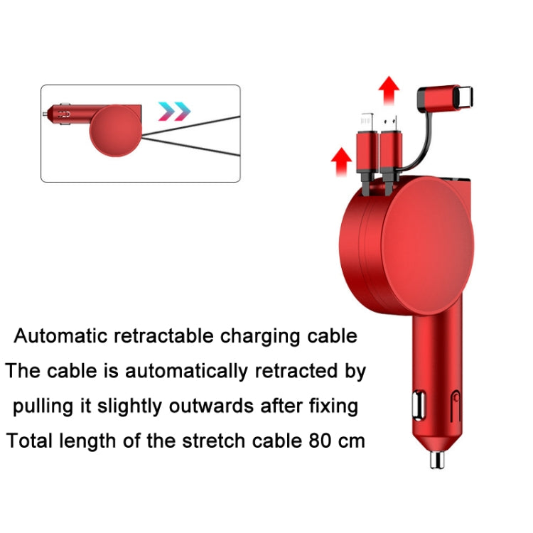 3 In 1 60W Fast Charging Dual Cable Retractable Car Charger(Red) - Car Charger by PMC Jewellery | Online Shopping South Africa | PMC Jewellery