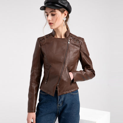 Women Short Leather Jacket Slim Jacket Motorcycle Suit, Size: XXXXL(Camel) - Jacket & Loose Coat by PMC Jewellery | Online Shopping South Africa | PMC Jewellery