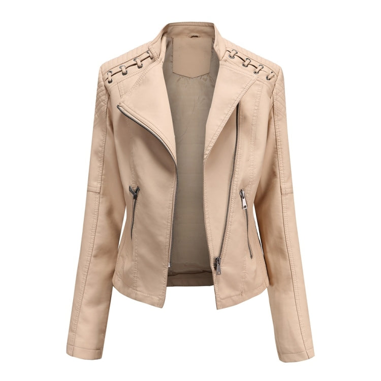 Women Short Leather Jacket Slim Jacket Motorcycle Suit, Size: L(Khaki) - Jacket & Loose Coat by PMC Jewellery | Online Shopping South Africa | PMC Jewellery