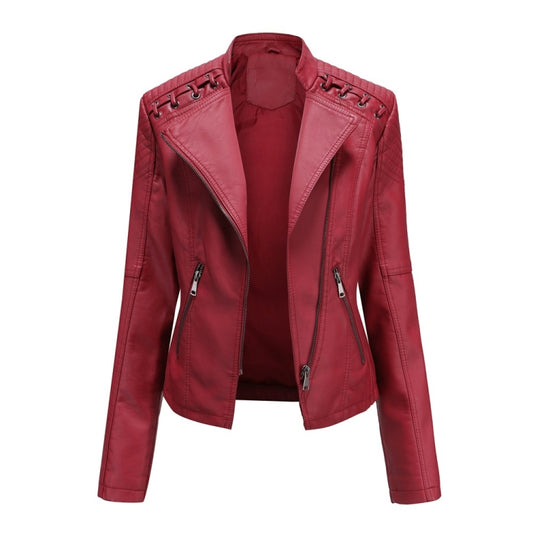 Women Short Leather Jacket Slim Jacket Motorcycle Suit, Size: XL(Red) - Jacket & Loose Coat by PMC Jewellery | Online Shopping South Africa | PMC Jewellery