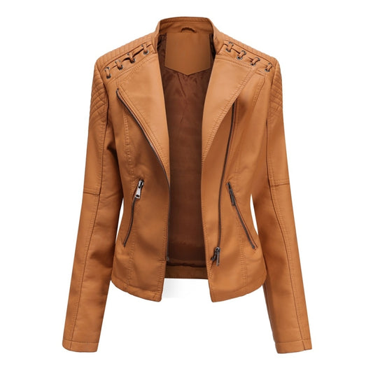 Women Short Leather Jacket Slim Jacket Motorcycle Suit, Size: XXXL(Camel) - Jacket & Loose Coat by PMC Jewellery | Online Shopping South Africa | PMC Jewellery