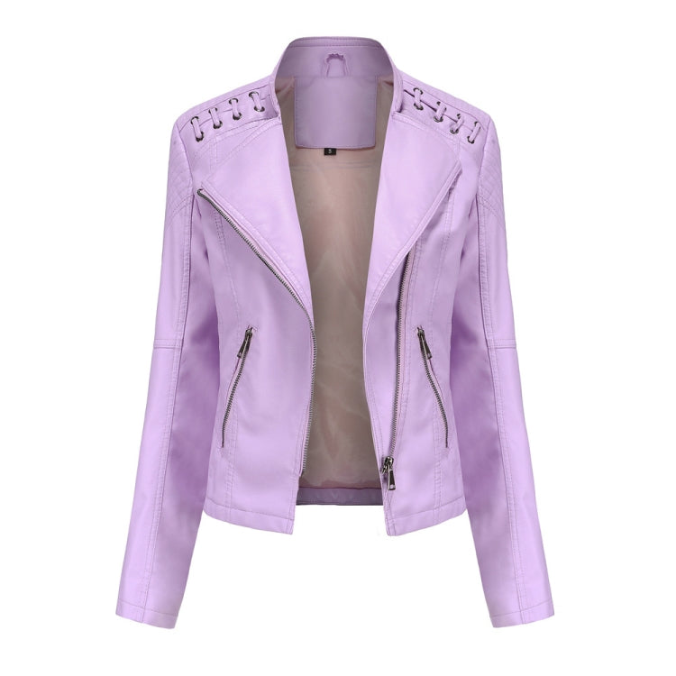 Women Short Leather Jacket Slim Jacket Motorcycle Suit, Size: XXXL(Light Cherry Pink) - Jacket & Loose Coat by PMC Jewellery | Online Shopping South Africa | PMC Jewellery