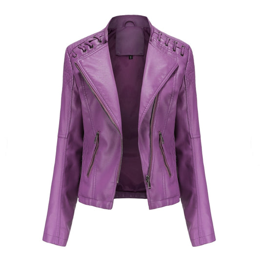 Women Short Leather Jacket Slim Jacket Motorcycle Suit, Size: XXXXL(Violet) - Jacket & Loose Coat by PMC Jewellery | Online Shopping South Africa | PMC Jewellery