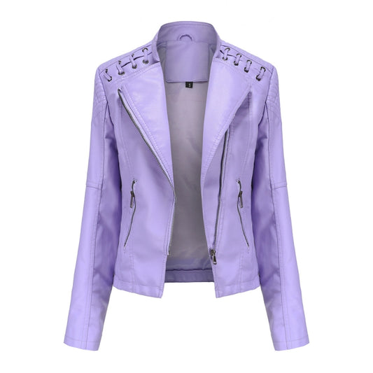 Women Short Leather Jacket Slim Jacket Motorcycle Suit, Size: XXXXL(Pale Lisianthus) - Jacket & Loose Coat by PMC Jewellery | Online Shopping South Africa | PMC Jewellery