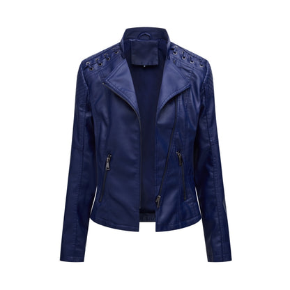 Women Short Leather Jacket Slim Jacket Motorcycle Suit, Size: XXXXL(Navy) - Jacket & Loose Coat by PMC Jewellery | Online Shopping South Africa | PMC Jewellery