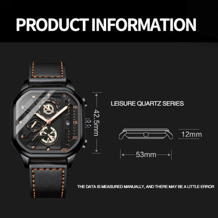 BINBOND B6577 30M Waterproof Luminous Square Quartz Watch, Color: Black Leather-Rose Gold - Leather Strap Watches by BINBOND | Online Shopping South Africa | PMC Jewellery | Buy Now Pay Later Mobicred