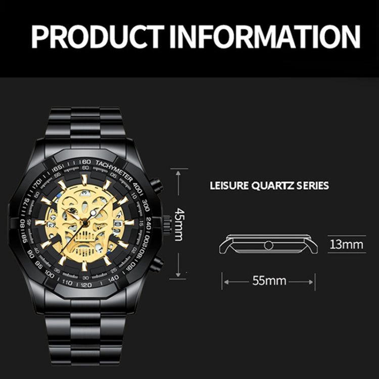 BINBOND S034 30M Waterproof Quartz Watch Skull Skeleton Luminous Watch(Black Steel Black Gold Nail) - Metal Strap Watches by BINBOND | Online Shopping South Africa | PMC Jewellery | Buy Now Pay Later Mobicred