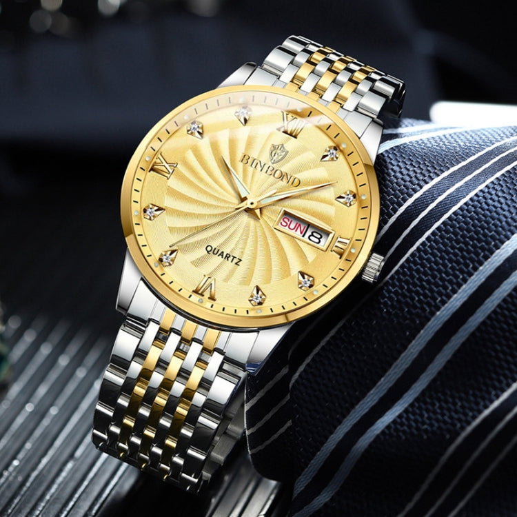 BINBOND B3034 Diamond 30m Waterproof Business Watch Men's Butterfly Buckle Luminous Quartz Watch(Inter-gold-Gold) - Metal Strap Watches by BINBOND | Online Shopping South Africa | PMC Jewellery | Buy Now Pay Later Mobicred