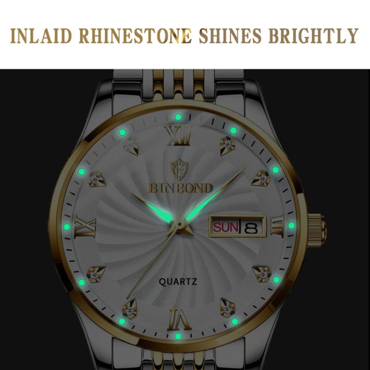 BINBOND B3034 Diamond 30m Waterproof Business Watch Men's Butterfly Buckle Luminous Quartz Watch(Inter-gold-Gold) - Metal Strap Watches by BINBOND | Online Shopping South Africa | PMC Jewellery | Buy Now Pay Later Mobicred