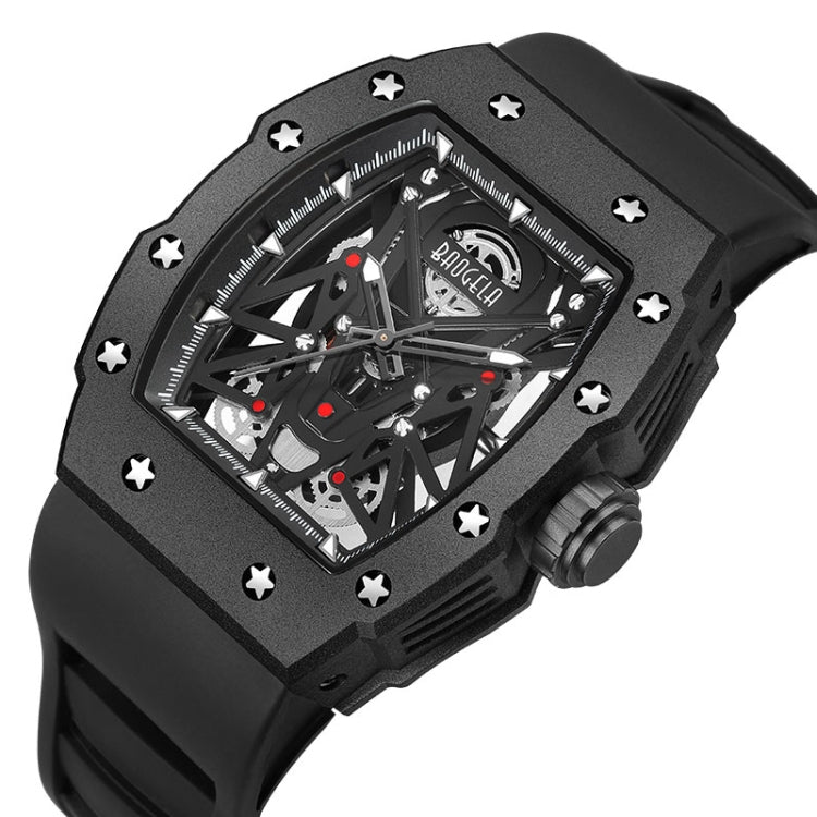 BAOGELA 224145 Barrel Skeleton Waterproof Sports Stainless Steel Silicone Men Watch(Steel Shell Black Belt) - Silicone Strap Watches by BAOGELA | Online Shopping South Africa | PMC Jewellery