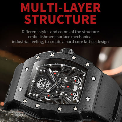 BAOGELA 224145 Barrel Skeleton Waterproof Sports Stainless Steel Silicone Men Watch(Black Shell Red Belt) - Silicone Strap Watches by BAOGELA | Online Shopping South Africa | PMC Jewellery | Buy Now Pay Later Mobicred