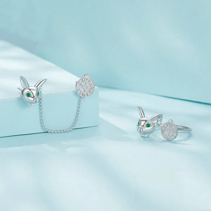 Sterling Silver Rabbit Clock Stud Earrings Ring Set - Jewelry Sets by PMC Jewellery | Online Shopping South Africa | PMC Jewellery